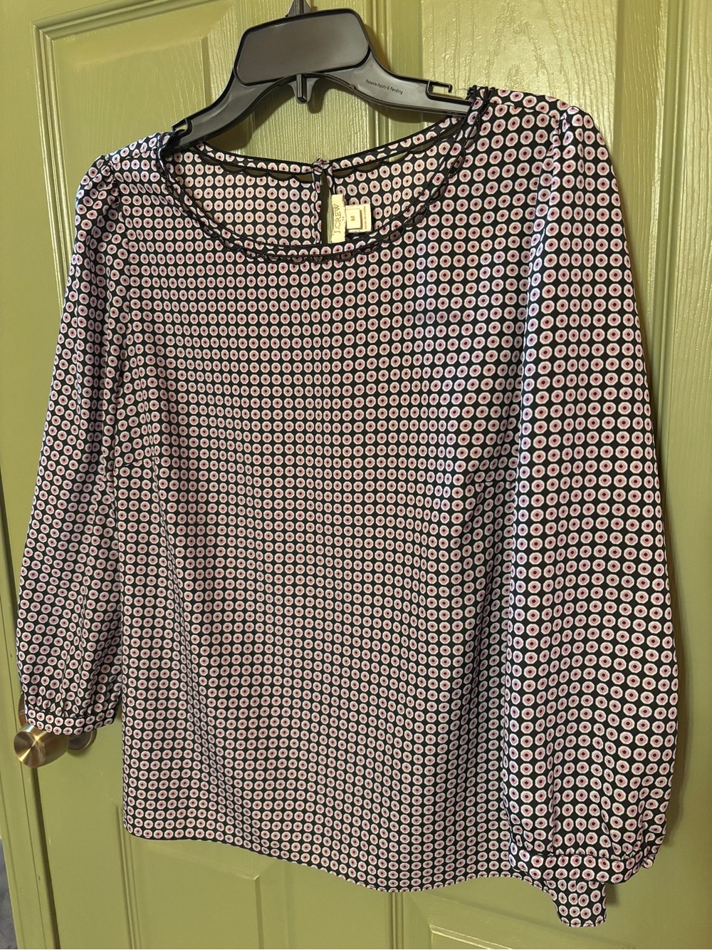 J. Crew Pink and Black Geometric Bubble-Sleeve Blouse with Collar Detail